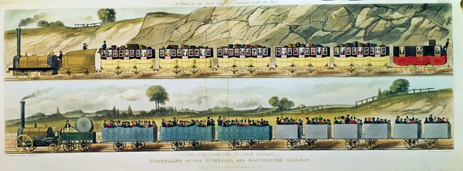 Reisen auf der Liverpool und Manchester Railway: Ein Zug der ersten Klasse mit der Post und ein Zug der zweiten Klasse für Außenpassagiere, graviert von S.G. Hughes, veröffentlicht von R. A